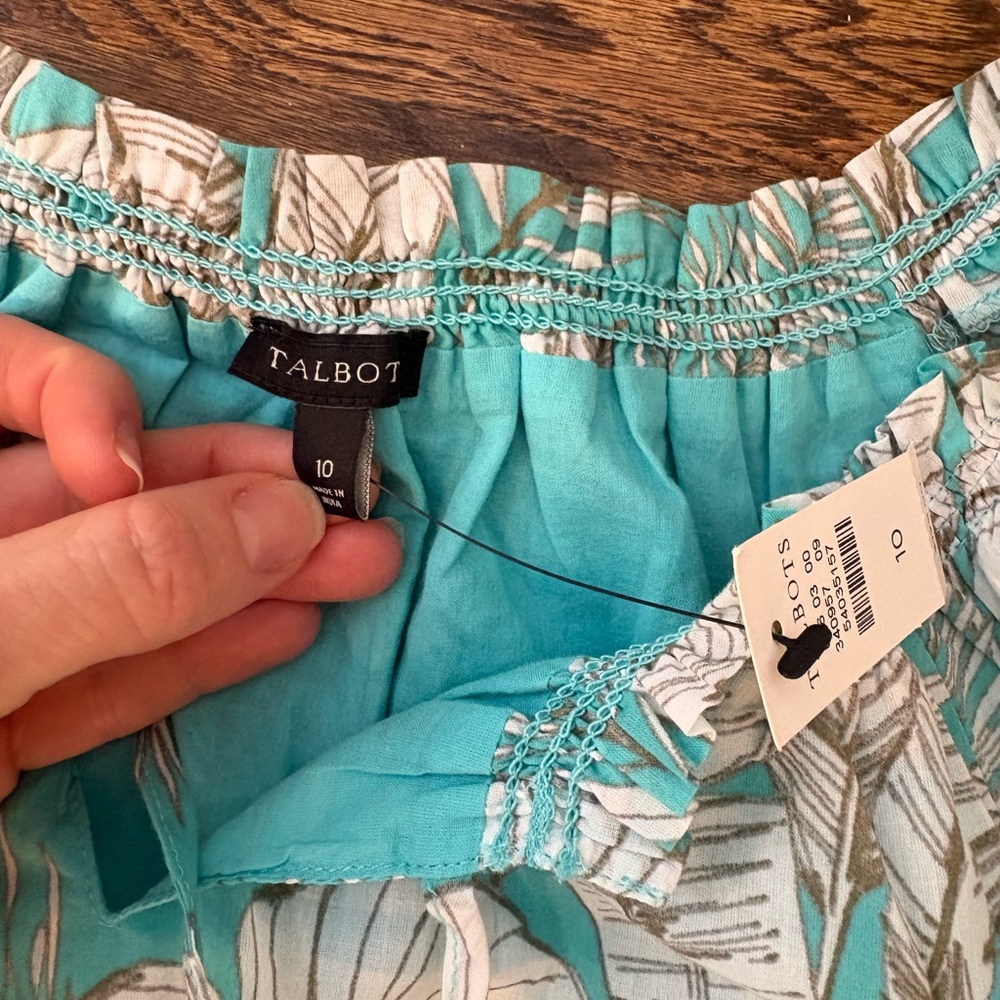 Talbots Teal and White Leaf Print Summer Dress size 10 NWT preppy 100% cotton - Picture 2 of 7